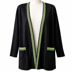 Exclusively Misook Black Open Front Cardigan Jacket Green Trim M